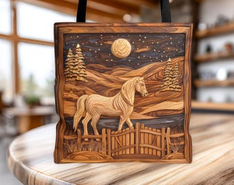 Rustic Horse Ranch Tote Bag, Wood Carved Inspired Horse Art, Equestrian Bag, Ranch Lover Gift