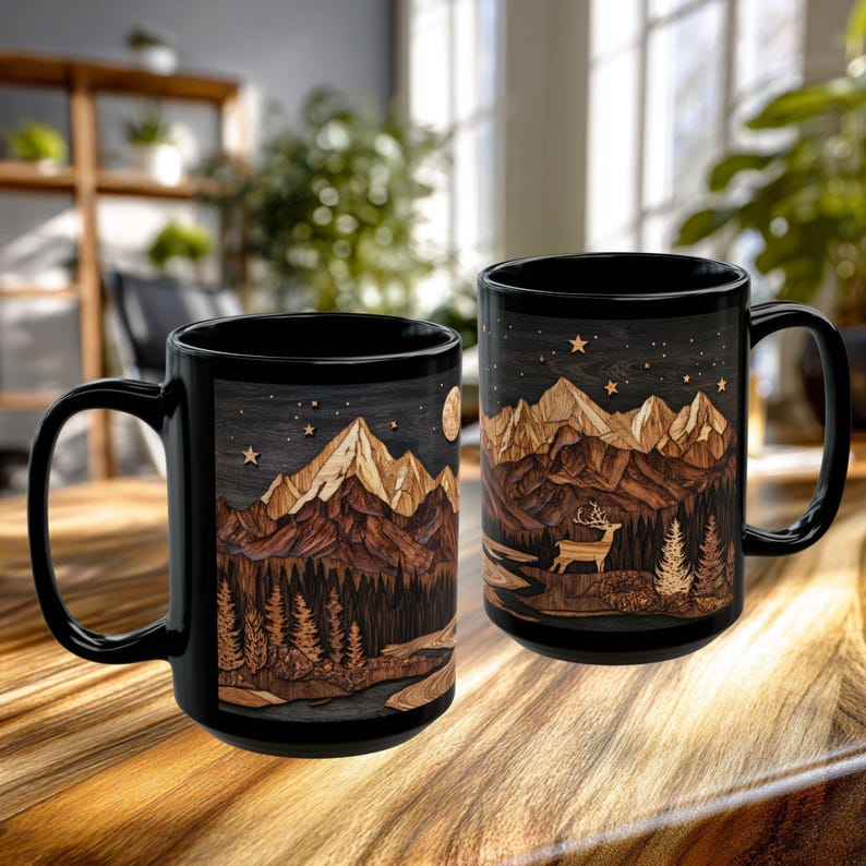 Deer Mountain Cabin Ceramic Mug, Rustic Nature Lover Gift, Carved Wood Style, Mountain cabin tea cup, Rustic Kitchen Decor Bild 7