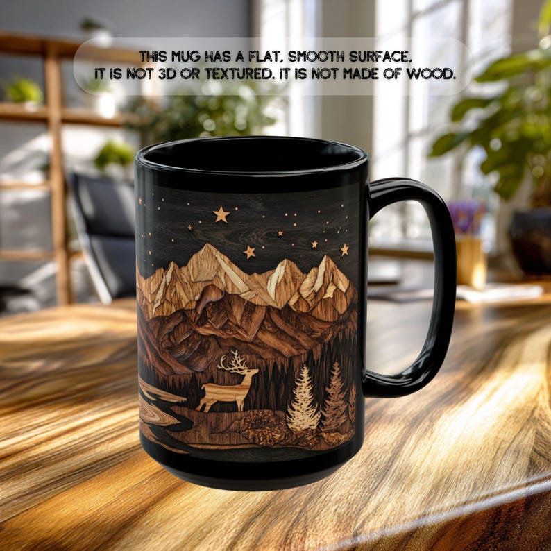 Deer Mountain Cabin Ceramic Mug, Rustic Nature Lover Gift, Carved Wood Style, Mountain cabin tea cup, Rustic Kitchen Decor Bild 4