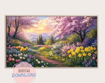 Spring Garden Wall Art, Samsung Frame TV Art, Digital Print, Instant Digital Download, Cherry blossom Painting, Sakura, Blooming Flowers,