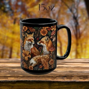 Cottagecore Fox Mug Black Coffee Cup, Woodland Gift  Animal Lover, Friend, Cozy Autumn Forest Mug, Mushrooms, Fall Rustic Nature Cabin Decor