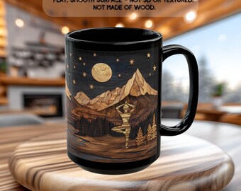 Yoga Meditation Mug, Carved Wood Style Coffee Mug, Mountain Retreat Mug, Spiritual Gift for Yoga Lover, Mindfulness Zen Mug