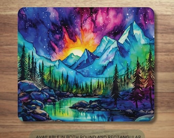 Watercolor Aurora Borealis Mouse Pad: Mountain River Desk Mat
