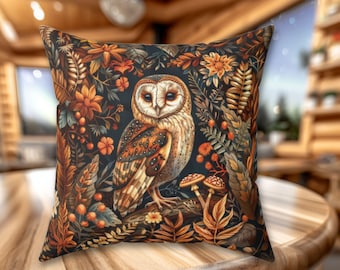 Cottagecore Owl Throw Pillow,  Faux Suede Woodland Throw Cushion, Rustic Forest Decor, Cabin Gift for Owl Lovers