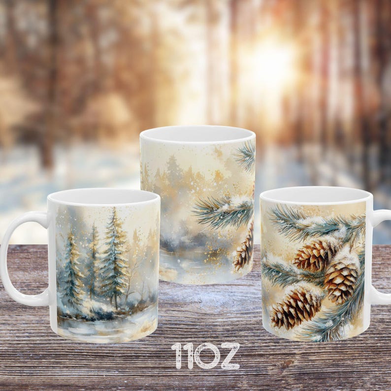 Peut inclure: Trois tasses en c&eacute;ramique blanche avec des sc&egrave;nes de for&ecirc;t d'hiver. Une tasse pr&eacute;sente une for&ecirc;t de pins enneig&eacute;e, une autre une branche de pin avec des pommes de pin et la troisi&egrave;me une for&ecirc;t de pins enneig&eacute;e avec un lac en arri&egrave;re-plan. Les tasses sont de 11 oz.