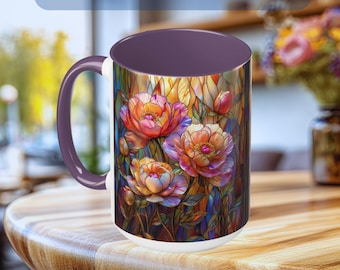 Peonies Stained Glass Style Mug | Floral Coffee Tea Mug, Botanical Flower Cup, Cottagecore Nature Lover Gift for Her