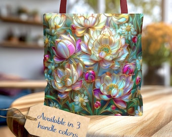Sac fourre-tout pivoine, sac fourre-tout floral, fourre-tout style vitrail botanique, idée cadeau floral