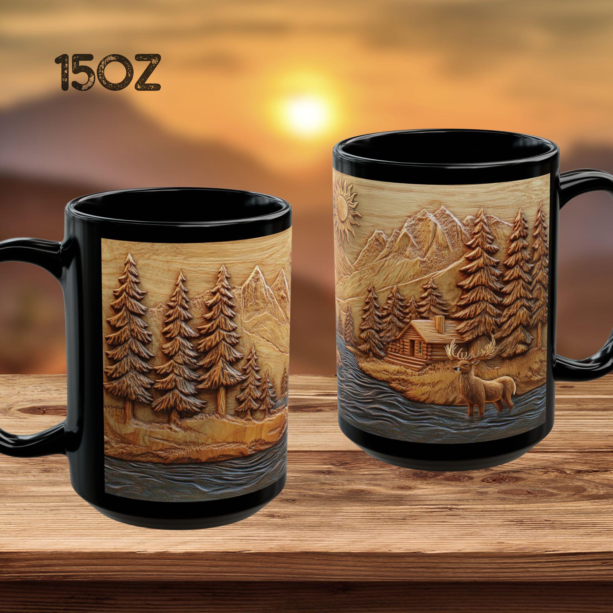 CERAMIC Carved Wood EFFECT Deer Forest MUG, Mountain Cabin Coffee Mug ...