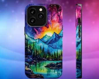 Watercolor Aurora Borealis Magsafe iPhone Case, Mountain iPhone Case, Northern lights cover for iPhone and Samsung Galaxy s26