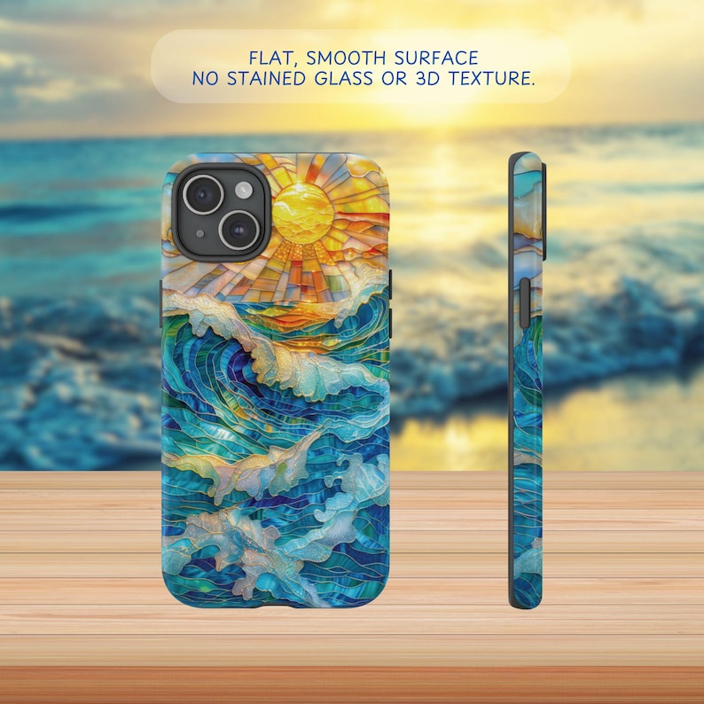 May include: A phone case featuring a stained glass design of a sun over ocean waves. The case is primarily blue, with yellow, orange, and white accents. The text "FLAT, SMOOTH SURFACE NO STAINED GLASS OR 3D TEXTURE" is visible.