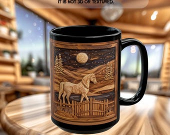 Rustic Horse Ranch Coffee Mug, Carved Wood Style horse Mug, Cabin Decor Gift, Equestrian Mug,