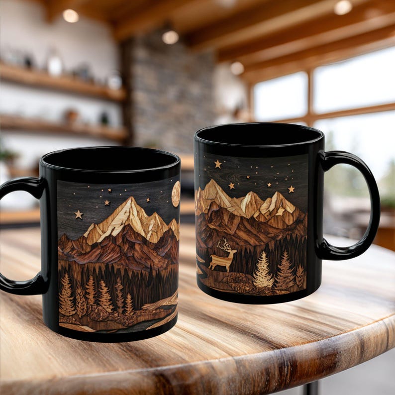 Deer Mountain Cabin Ceramic Mug, Rustic Nature Lover Gift, Carved Wood Style, Mountain cabin tea cup, Rustic Kitchen Decor Bild 6