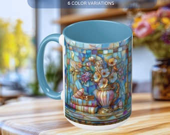 Floral Bookshelf Coffee Mug, Stained Glass Style Books and Flowers, Book Lover Gift