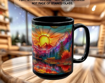 Stained Glass Style Sunset Mountains Coffee Mug, Sunrise  Landscape Ceramic Cup, Rustic Cabin Nature Gift