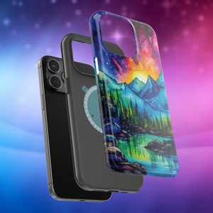 May include: A black phone case with a colourful watercolour design of a mountain scene with a lake and a sunset. The case has a clear, protective layer over the design.