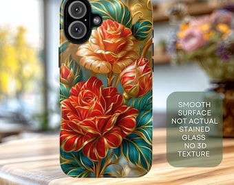 Roses iPhone Case | Stained Glass Style Botanical Case | Elegant Floral Phone Cover for iPhone and Samsung Galaxy Phone