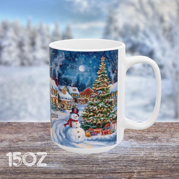 Snowman Christmas Tree Mug, Festive Holiday Tea Cup, Snowy Village Coffe Mug Gift, Winter Wonderland Mug