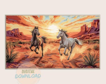 Wild Horses Digital Print, Western Wall Art, Samsung Frame TV Art, Digital Download, Vintage prairie sunset Scenery, Desert t, Arizona Decor