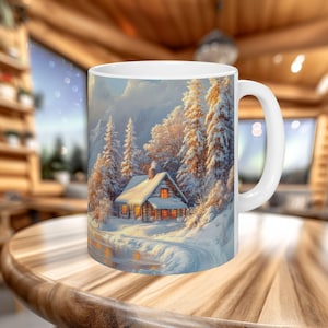 Snowy Mountain Cabin Mug, Winter Cabin Coffee Mug, Cozy Cabin Gift, Rustic Woodland Mug, Outdoor Lover Gift