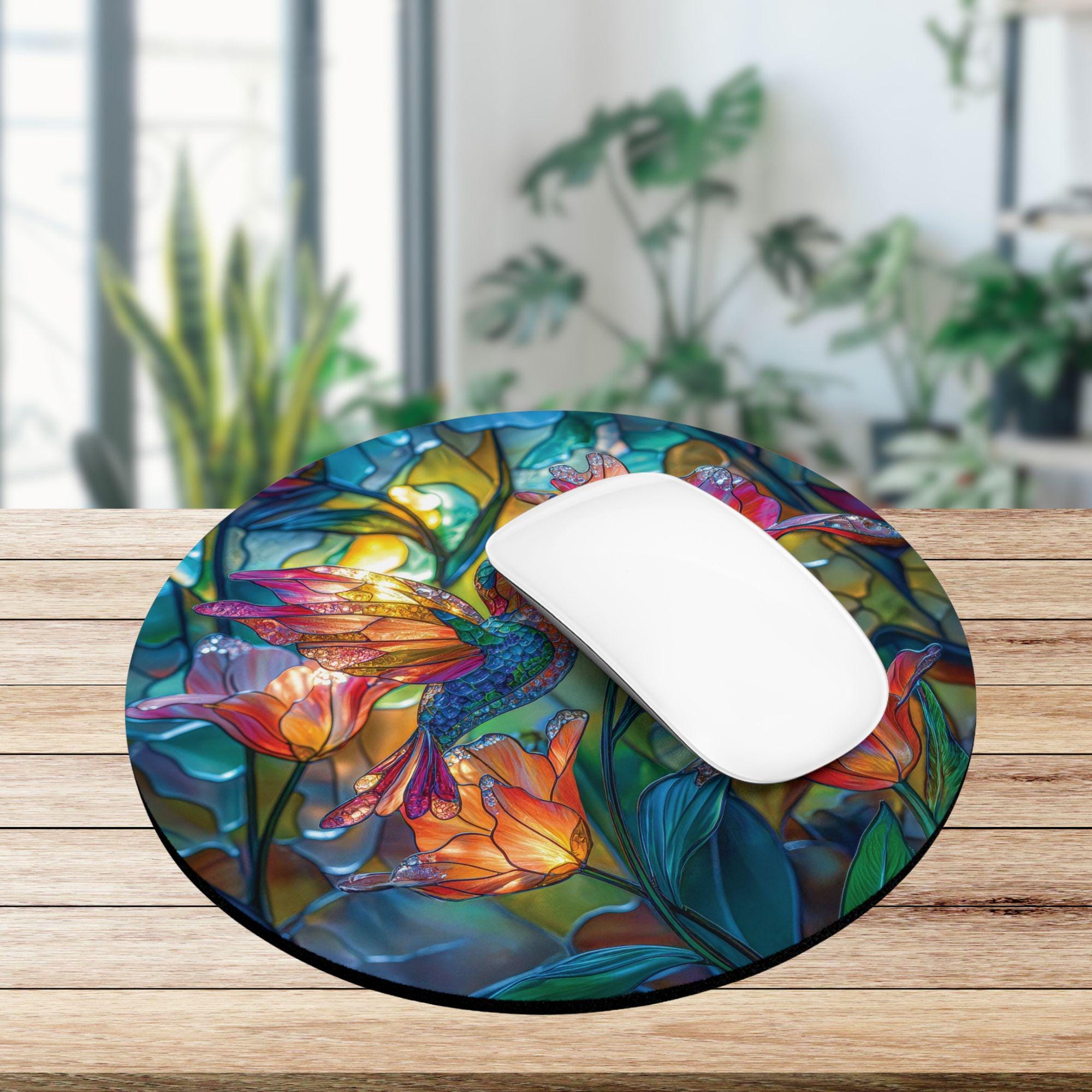 Hummingbird Mouse Hummingbird Mouse Pad | Stained Glass Style Bird Art Desk Mat | Floral ...