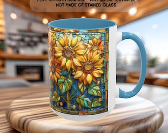 Sunflower Stained Glass Style Coffee Mug, Floral Ceramic Mug Gift, Garden Kitchen Decor