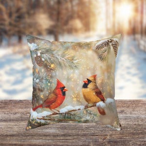 Cardinals in snowy forest faux suede pillow, watercolor holiday pillow, winter bird pillow, festive home decor, holiday nature pillow,