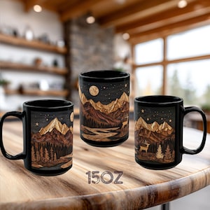 Deer Mountain Cabin Ceramic Mug, Rustic Nature Lover Gift, Carved Wood Style, Mountain cabin tea cup, Rustic Kitchen Decor Bild 8