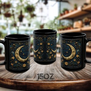 Dark Academia Coffee Mug, Celestial Crescent Moon Mug, Witchy Gothic Cottagecore Wildflower Gift zdjęcie 6