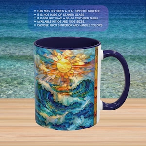 Faux Stained Glass Ocean Mug: Sunset Waves, Coastal Decor