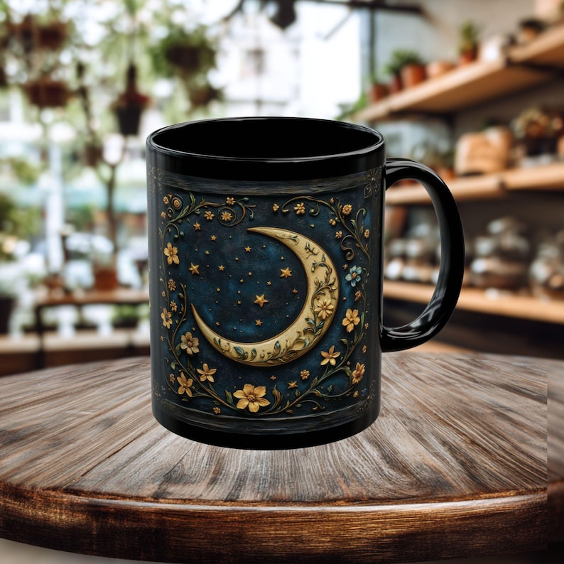 Dark Academia Coffee Mug, Celestial Crescent Moon Mug, Witchy Gothic Cottagecore Wildflower Gift zdjęcie 7