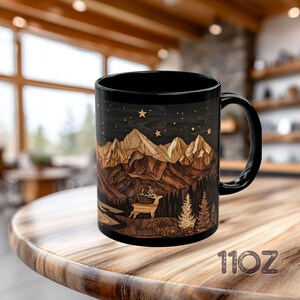 Deer Mountain Cabin Ceramic Mug, Rustic Nature Lover Gift, Carved Wood Style, Mountain cabin tea cup, Rustic Kitchen Decor Bild 5