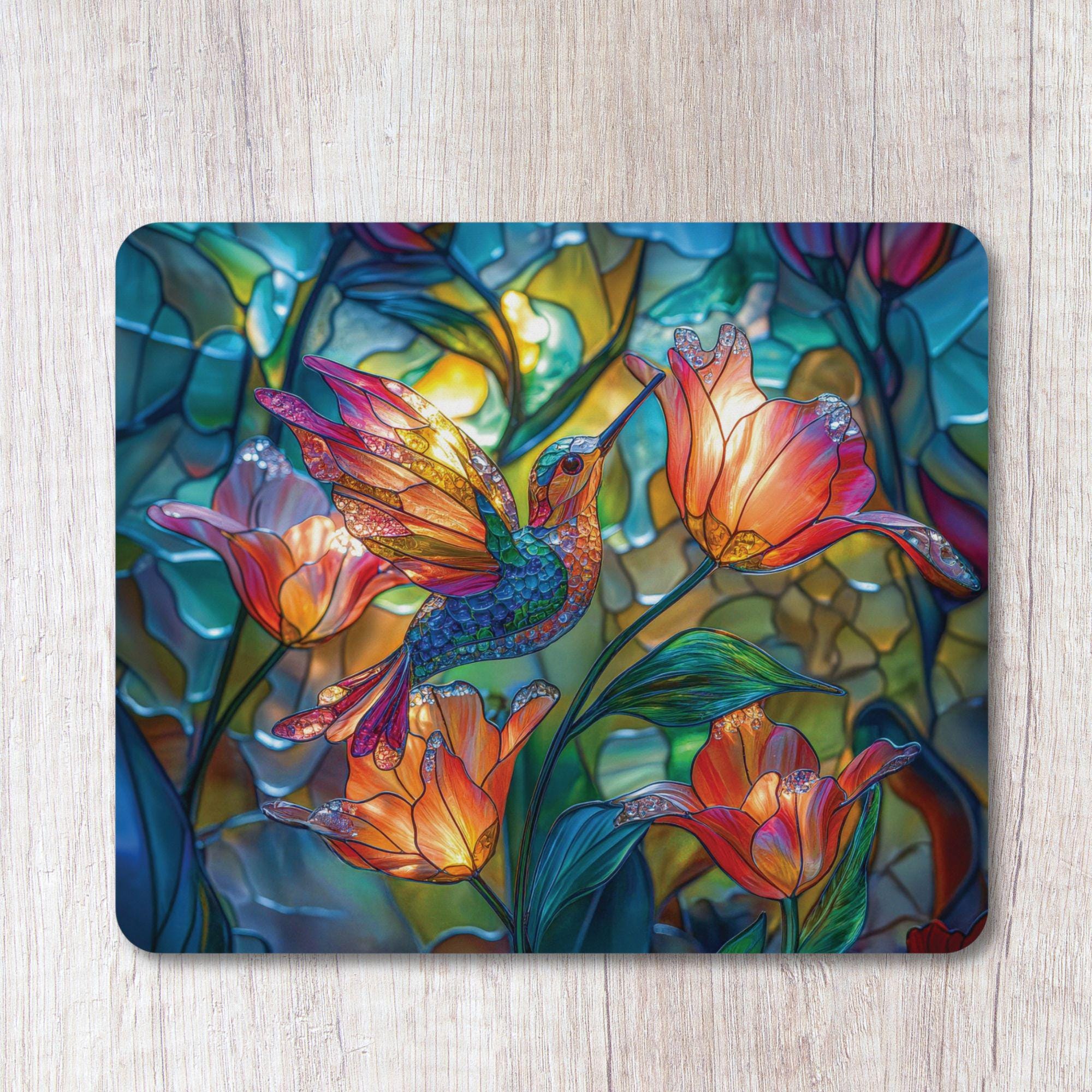 Hummingbird Mouse Hummingbird Mouse Pad | Stained Glass Style Bird Art Desk Mat | Floral ...