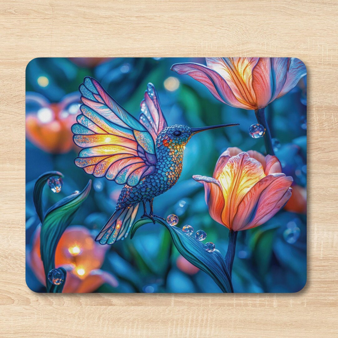 Hummingbird Mouse Hummingbird Mouse Pad, Stained Glass Style Bird Art, Floral Nature Desk ...