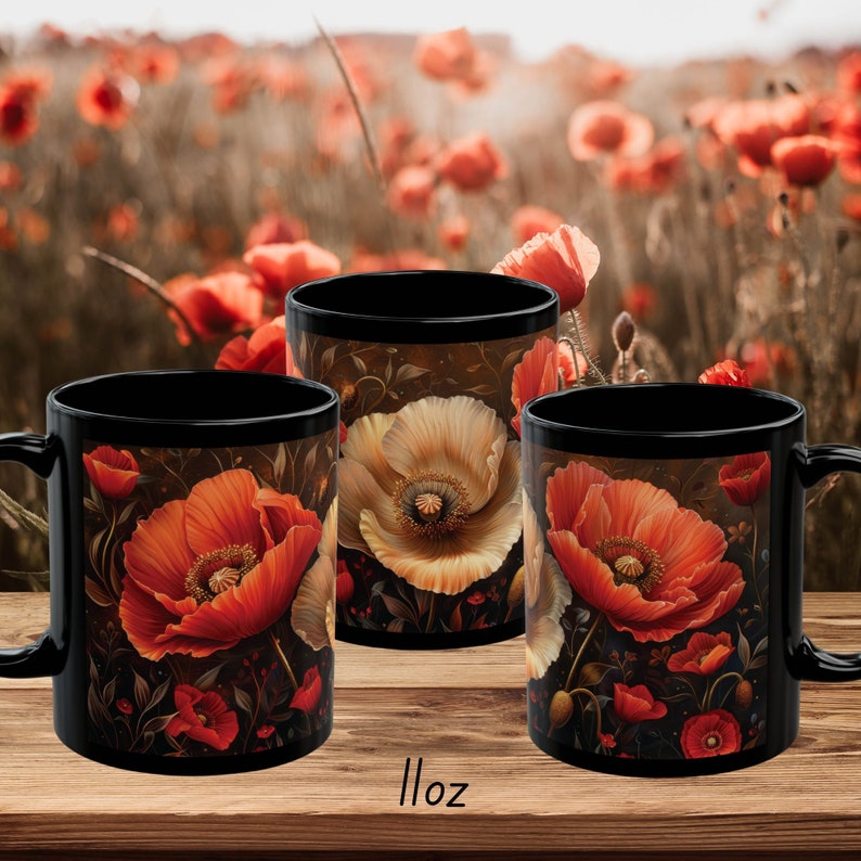 May include: Three black ceramic mugs with different poppy flower designs. Each mug features a detailed illustration of a poppy flower with a brown background. The mugs are 11 ounces.
