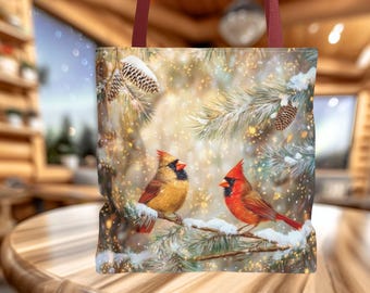 Winter Cardinals Snowy Branch Tote Bag, Bird tote bag, Nature lover gift, Bird lover gift
