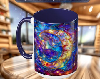 Celestial Moon Coffee Mug |  Stained Glass Style Night Sky Mug | Aurora Borealis Galaxy Mug | Moon Drinkware Gift