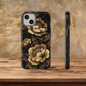 iPhone 16, 15, 14,  Samsung galaxy S22, S23, golden peonies phone case, floral phone case, elegant phone case, golden flower phone cover