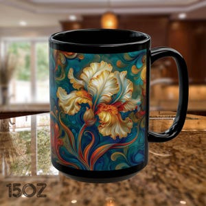 Iris Fantasy Flower Mug,  Artistic Floral Coffee Cup, Elegant Floral Coffee Cup, Botanical  Mug, Gift fGarden Lover, Her, Mom, Sister,