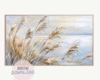 Neutral Beach Scenery Art: Muted Coastal Print, Digital Download, Samsung Frame TV Art, Sea Oats Scenery Wall Art, Coastal Decor, Seascape,
