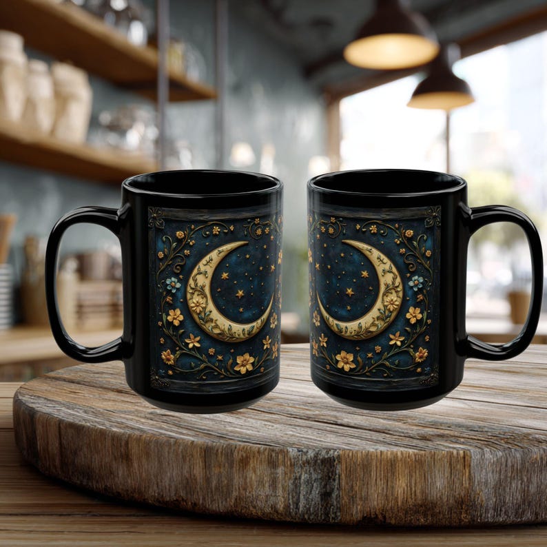 Dark Academia Coffee Mug, Celestial Crescent Moon Mug, Witchy Gothic Cottagecore Wildflower Gift zdjęcie 5