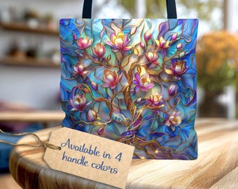 Sac fourre-tout magnolia arbre de vie, fourre-tout style vitrail coloré, sac de marché botanique floral, cadeau pour amoureux de la nature, sac à provisions réutilisable