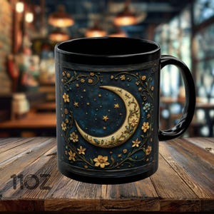 Dark Academia Coffee Mug, Celestial Crescent Moon Mug, Witchy Gothic Cottagecore Wildflower Gift 11oz
