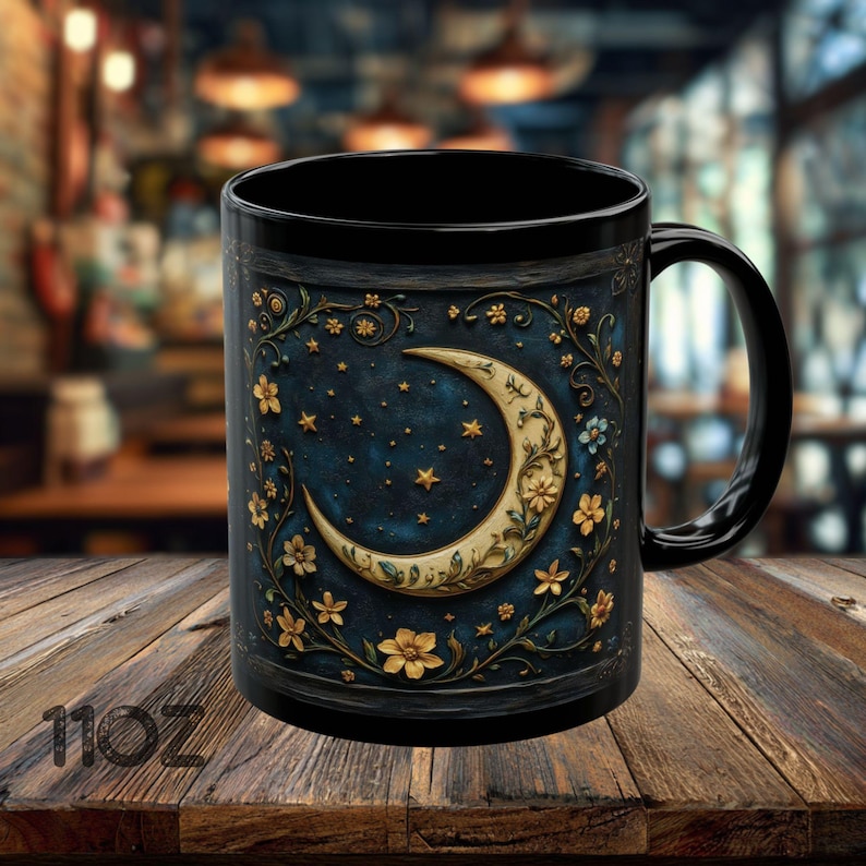 Dark Academia Coffee Mug, Celestial Crescent Moon Mug, Witchy Gothic Cottagecore Wildflower Gift 11oz