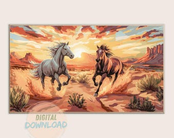 Wild Horses Digital Print, Western Wall Art, Samsung Frame TV Art, Digital Download, Vintage prairie sunset Scenery, Desert t, Arizona Decor