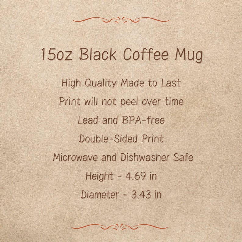 Może przedstawiać: Czarny kubek do kawy z napisem "15oz Black Coffee Mug". Kubek ma 11,9 cm wysokości i 8,7 cm średnicy. Posiada dwustronny nadruk i nadaje się do kuchenki mikrofalowej i zmywarki.