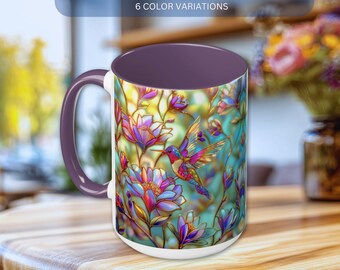 Hummingbird Coffee Mug, Stained Glass Style Floral Mug, Bird Tea Mug