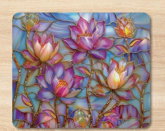 Stained Glass Style Lotus Mouse Pad, Floral Desk Accessory, Botanical Flower Mouse Pad, Home Office Decor