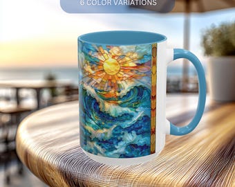 Ocean Waves Coffee Mug Stained Glass Style, Kitchen Coastal Beach Decor, Ocean Sunset Mug, Beach Mug Gift,