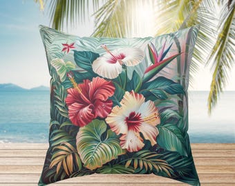 Tropical Flowers Throw Pillow | Watercolor Hibiscus & Palm Leaf Cushion Cover | Botanical Home Decor | Summer Living Room Accent