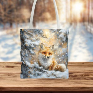 Adorable fox tote bag, Christmas animal bag, Holiday shopping bag, Winter forest tote, Christmas tote bag, Holiday gift bag, Fox art bag